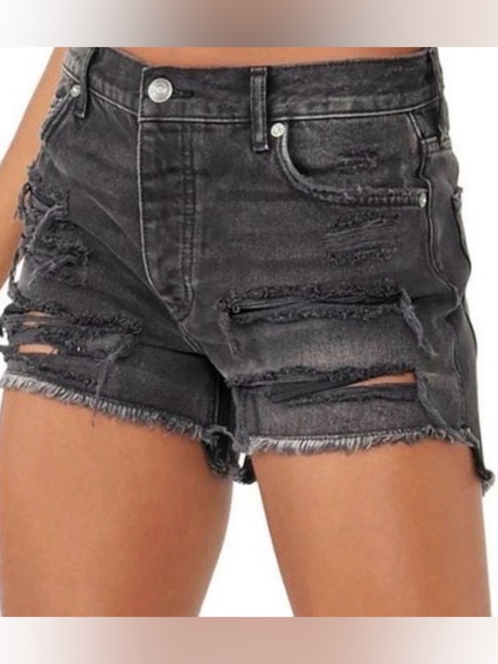 Free People We The Free Black Distressed Button Fly Denim Shorts 27